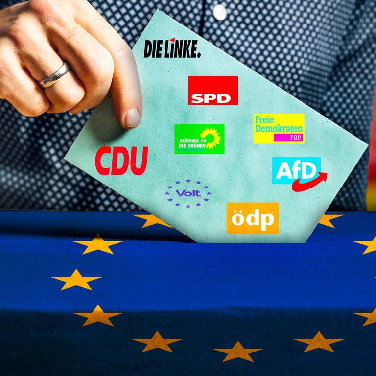 Themenbild Europawahl 2024 in Deutschland: Mann wirft einen Stimmzettel in eine Wahlurne mit Flagge der Europäischen Union.