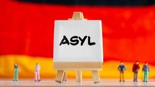 Deutschlandflagge mit Miniatur Menschen und einer Leinwand mit Aufschrift: Asyl