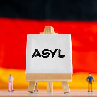 Deutschlandflagge mit Miniatur Menschen und einer Leinwand mit Aufschrift: Asyl