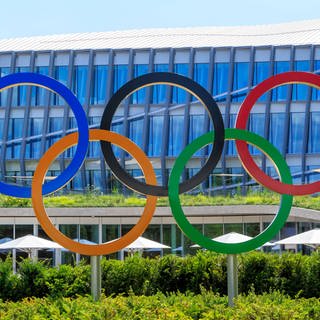 Headquarters International Olympic Committee. Olympic rings. Lausanne, Switzerland