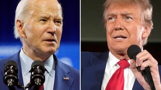 Die Kombo zeigt US-Präsident Joe Biden und den republikanischen Präsidentschaftsbewerber und ehemaligen US-Präsidenten Donald Trump bei einer Wahlkampfveranstaltung.