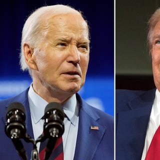 Die Kombo zeigt US-Präsident Joe Biden und den republikanischen Präsidentschaftsbewerber und ehemaligen US-Präsidenten Donald Trump bei einer Wahlkampfveranstaltung.