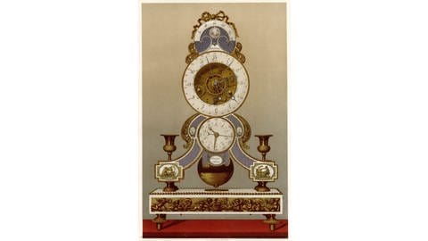 Eine Doppeluhr mit Dezimaluhr und gewöhnlicher Uhr, im Hintergrund eine Frau mit Jakobinermütze
