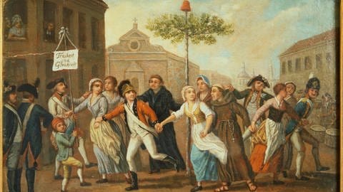Auf einem Gemälde aus den 1790er Jahren tanzen Menschen im Rheinland um einen Freiheitsbaum 
