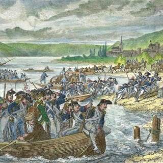 Ein colorierter Holzstich zeigt, wie die Franzosen in den 1790er Jahren den Rhein überschreiten.