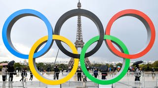 Olympics Rings at the place of Honor in front of the Eiffel tower at the Trocadero s place, in Paris, France