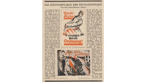 Eine Seite aus einer Zeitschrift, darauf zu lesen ist: "Das Künstlerplakat der Revolutionszeit" aus dem Jahr 1919. Der Illustrator heißt Max Pechstein.