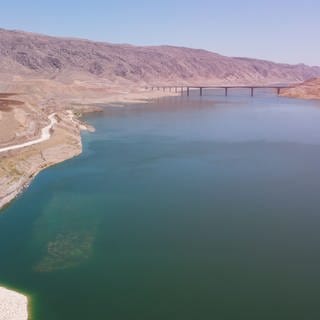 Aerial view of water reservoir on The River Tigris in the place of former village of Hasankeyf.