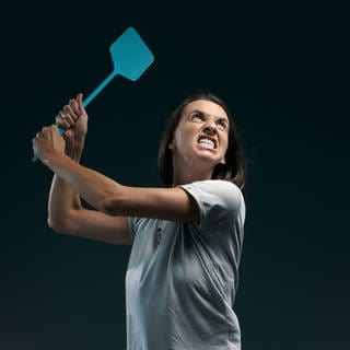 Angry woman killing fly with a fly swatter. Symbolfoto