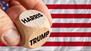 Hand holding dice labeled Harris and Trump. Symbolic image of elections in the USA, Donald Trump or Kamala Harris.