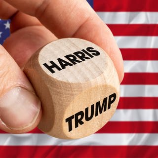 Hand holding dice labeled Harris and Trump. Symbolic image of elections in the USA, Donald Trump or Kamala Harris.