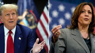 Der republikanische Präsidentschaftskandidat und ehemalige US-Präsident Donald Trump spricht bei einer Wahlkampfveranstaltung in Grand Rapids (Archivfoto vom 02.04.2024) und Kamala Harris, Vizepräsidentin der USA, hält eine Rede während einer Wahlkampfveranstaltung 