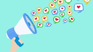 Illustration of hand holding megaphone spewing heart shaped social media icons, MSMF00075