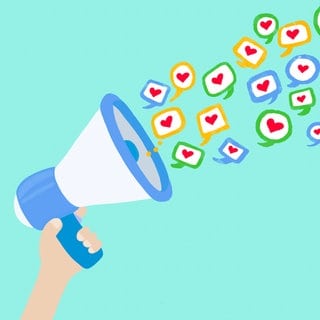 Illustration of hand holding megaphone spewing heart shaped social media icons, MSMF00075