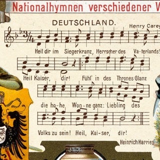 Nationalhymnen. - "Deutschland.  Heil dir im Sieger- kranz (...)". - Farblithographie, 1899. Sammelbildchen. Archivfoto