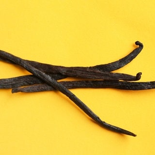 Bunch of aromatic vanilla sticks on yellow background Model Released