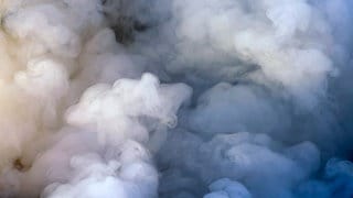 Closeup of white smoke of the burning, wet, autumn leaves.