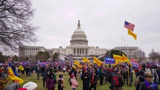 Pro-Trump-Demonstrant*innen mit wehenden Fahnen belagern das US-Capitol (6. Januar 2021)