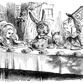 Die Teeparty des verrückten Hutmachers. Illustration von John Tenniel für Alice's Adventures in Wonderland von Lewis Carroll (London, 1865)