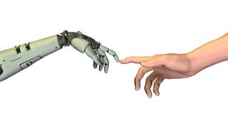 Roboter und Mensch im Stil von Michelangelos Erschaffung des Adam