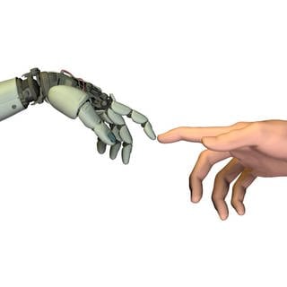 Roboter und Mensch im Stil von Michelangelos Erschaffung des Adam