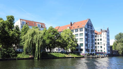 Seit 2009 ist in Berlin-Kreuzberg das „May-Ayim-Ufer“ nach der Autorin und Aktivistin benannt: Blick über den Fluss Spree auf mehrere Bäume und Mehrfamilienhäuser. Blauer, fast wolkenloser Himmel, ein sonniger Tag.