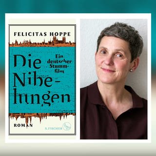 Die Autorin Felicitas Hoppe neben dem Cover ihres Romans "Die Nibelungen. Ein deutscher Stummfilm"