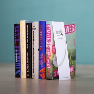 Die Bücher der Shortlist zum Deutschen Buchpreis 2022 stehen nebeneinander