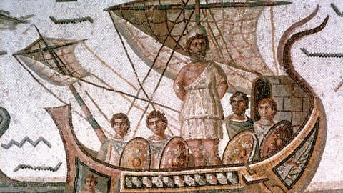 Odysseus an dem Mast gebunden (römisches Mosaik in Tunis)
