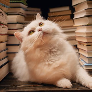 Katze zwischen Büchern