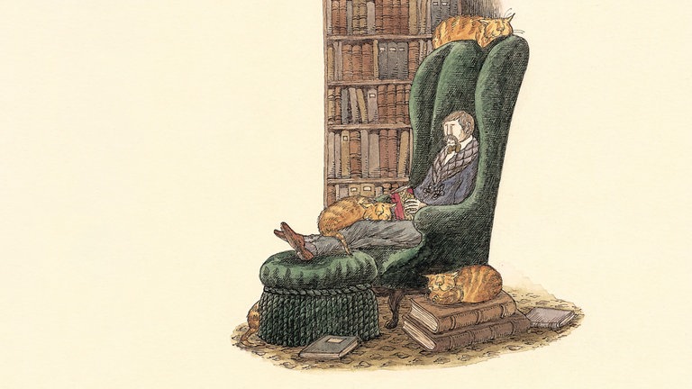 Zeichnung von Edward Gorey: „Bibliophile with Cats“