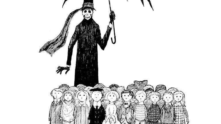 Zeichnung von Edward Gorey aus seinem Buch: „Das kleine ABC vom Unglück“