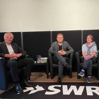 Die Literaturkritiker*innen Gerrit Bartels, Carsten Otte (Moderation), Julia Schröder und Dirk Knipphals in Edenkoben