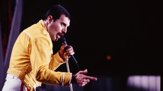 Queen-Frontmann Freddie Mercury beim Live-Aid Konzert von Queen in seiner ikonischen, gelben Jacke