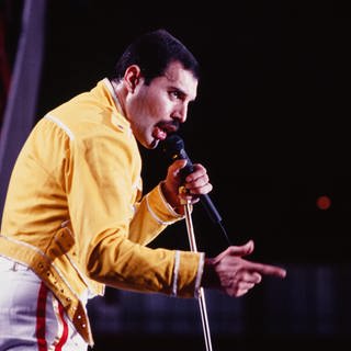 Queen-Frontmann Freddie Mercury beim Live-Aid Konzert von Queen in seiner ikonischen, gelben Jacke