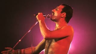 Queen-Frontmann Freddie Mercury singt ins Mikrophon
