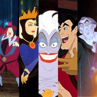 Filmstills v.l.n.r.: Gouverneur Ratcliffe in "Pocahontas" (1995), Die Königin in "Schneewittchen und die 7 Zwerge" (1937), Ursula "Arielle, die Meerjungfrau" (1989), Gaston in "Die Schöne und das Biest" (1991), Frollo in "Der Glöckner von Notre Dame" (1996)
