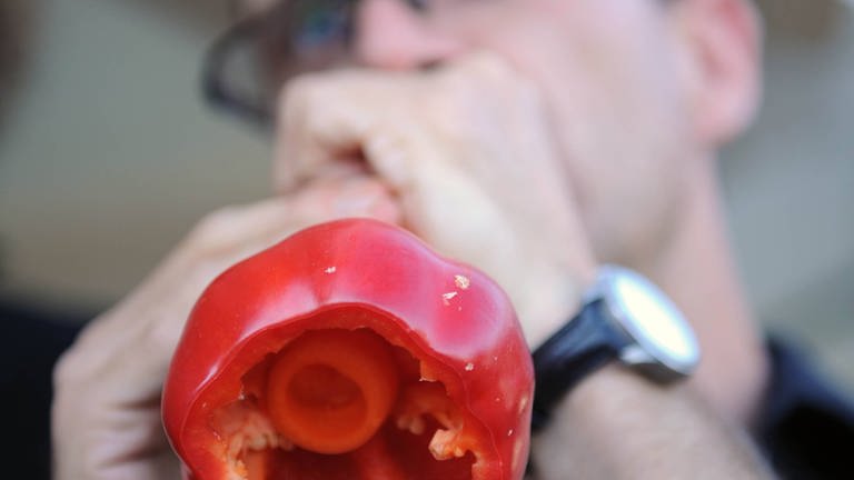 Mann bläst in ein selbstgebautes Instrument aus Paprika und Karotte