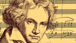 Notenhandschrift und Portrait von Ludwig van Beethoven