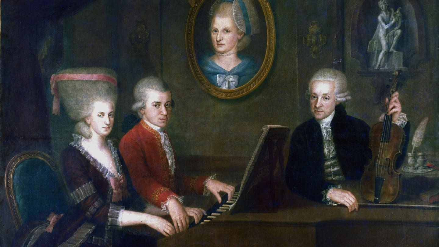 „Die Familie Mozart“ (1780-81) von J.N. de la Croce: Leopold (1719-87), mit Tochter Maria-Anna (Nannerl) und Sohn Wolfgang Amadeus (1719-87) am Klavier.