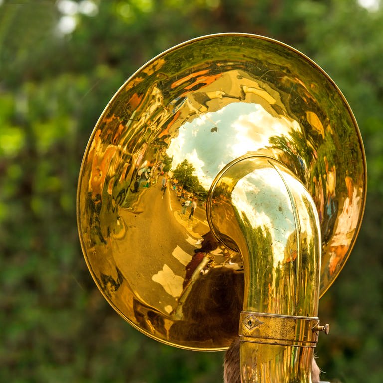 Der goldglänzende Trichter einer Tuba vor verschwommenem grünem Hintergrund