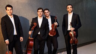 Das Quatuor Modigliani mit Instrumenten an eine Mauer angelehnt