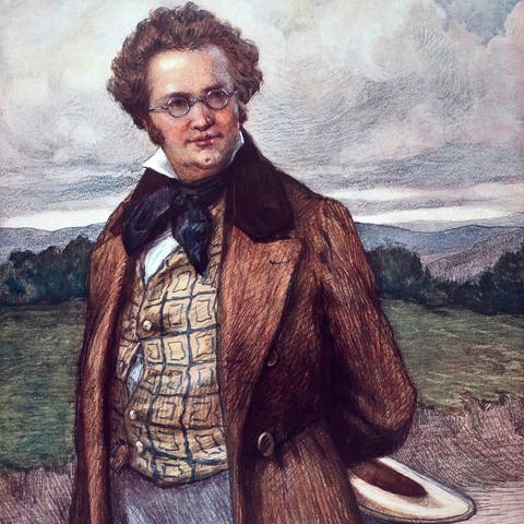 Franz Schubert als Spaziergänger, Farbdruck nach Kreidezeichnung von Otto Nowak (um 1900)