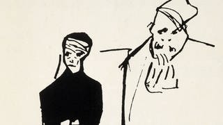 Zeichnung von Franz Kafka zeigt zwei sitzende Männer mit ernstem Gesichtsausdruck
