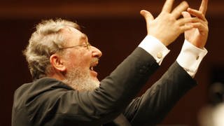 Profilaufnahme des Komponisten HK Gruber beim Dirigat mit erhobenen Händen