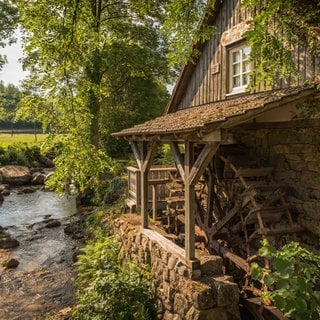 Historische Wassermühle im Schwarzwald, Ottenhöfen: Außenansicht mit Mühlrad am Bach. Im Hintergund Wald