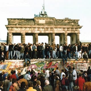 Passanten auf der Berliner Mauer vor dem Brandenburger Tor einen Tag nach der Öffnung am 10. November 1989