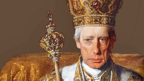 Herrscherbild Kaiser Franz II. des Heiligen Römischen Reiches. Der Kaiser trägt Krone, Reichsszepter und Krönungsornat.