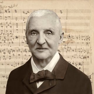 Porträt von Anton Bruckner, österreichischer Komponist. Bearbeitet nach einer Fotografie von Anton Huber, 1890, mit handschriftlichen Harmonie- und Kontrapunktübungen von Bruckner.