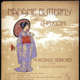 Giacomo Puccini, ital. Komponist, 1858-1924. PUCCINI-Werk Illustriertes Partiturcover: Madame BUTTERFLY von Giacomo PUCCINI. Freistehende Stücke für Klavier und Gesang, 1906. Japanisch mit Regenschirm und Fächer. Editions G. Ricordi et Cie.